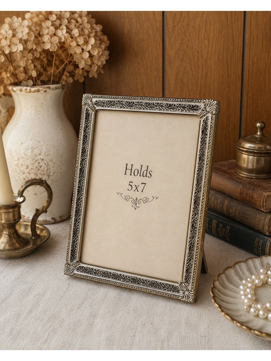 Other - Vintage Silver & Gold Tone 5x7 Picture Frame Ornate Etched Metal with Patina